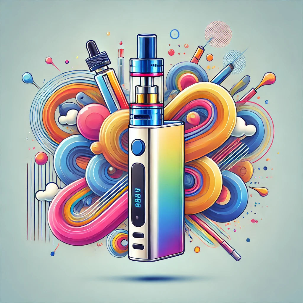 Minimalistische 2D-Grafik eines RandM Tornado 7000 Vape-Geräts mit transparentem Tank, umgeben von bunten Rauchwirbeln und stilisierten E-Liquid-Elementen.
