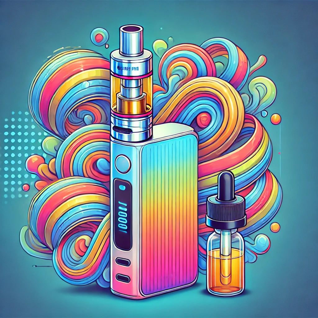 Bunte 2D-Grafik eines RandM Tornado 7000 Vape-Pens mit fließenden, abstrakten Rauchwirbeln und einer E-Liquid-Flasche im Vordergrund.