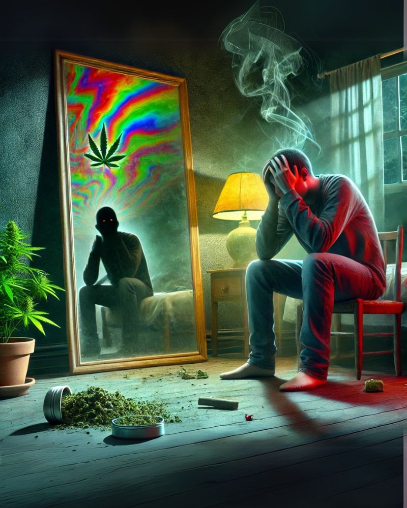 Person mit Kopf in den Händen, Spiegel mit Cannabismotiv