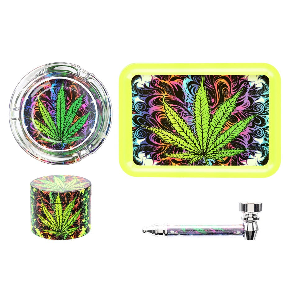 Bunte Rauchzubehör-Set mit Marihuana-Muster