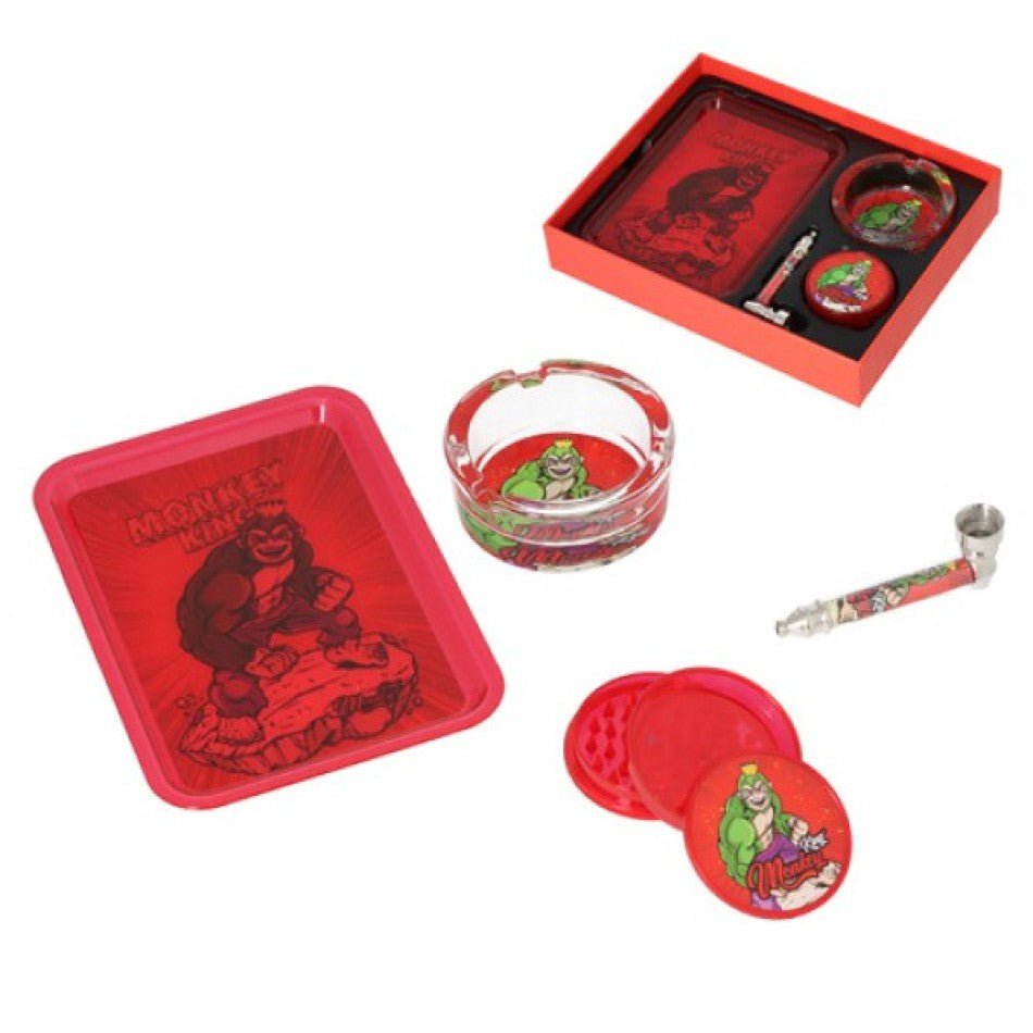 Rotes "Monkey King" Set mit Aschenbecher und Grinder