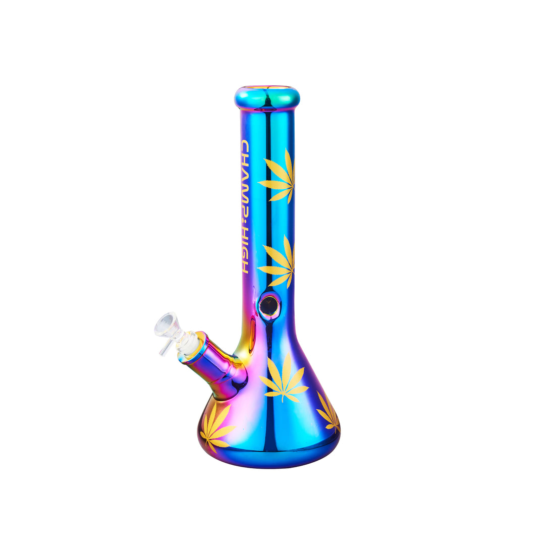 Blaue Bong mit gelben Marihuana-Blättern