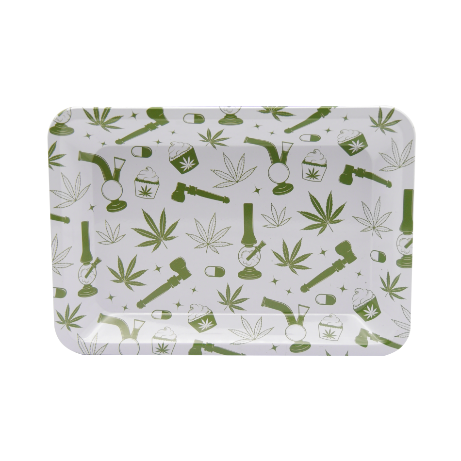 Weißes Tablett mit Hanfblatt und Bongs