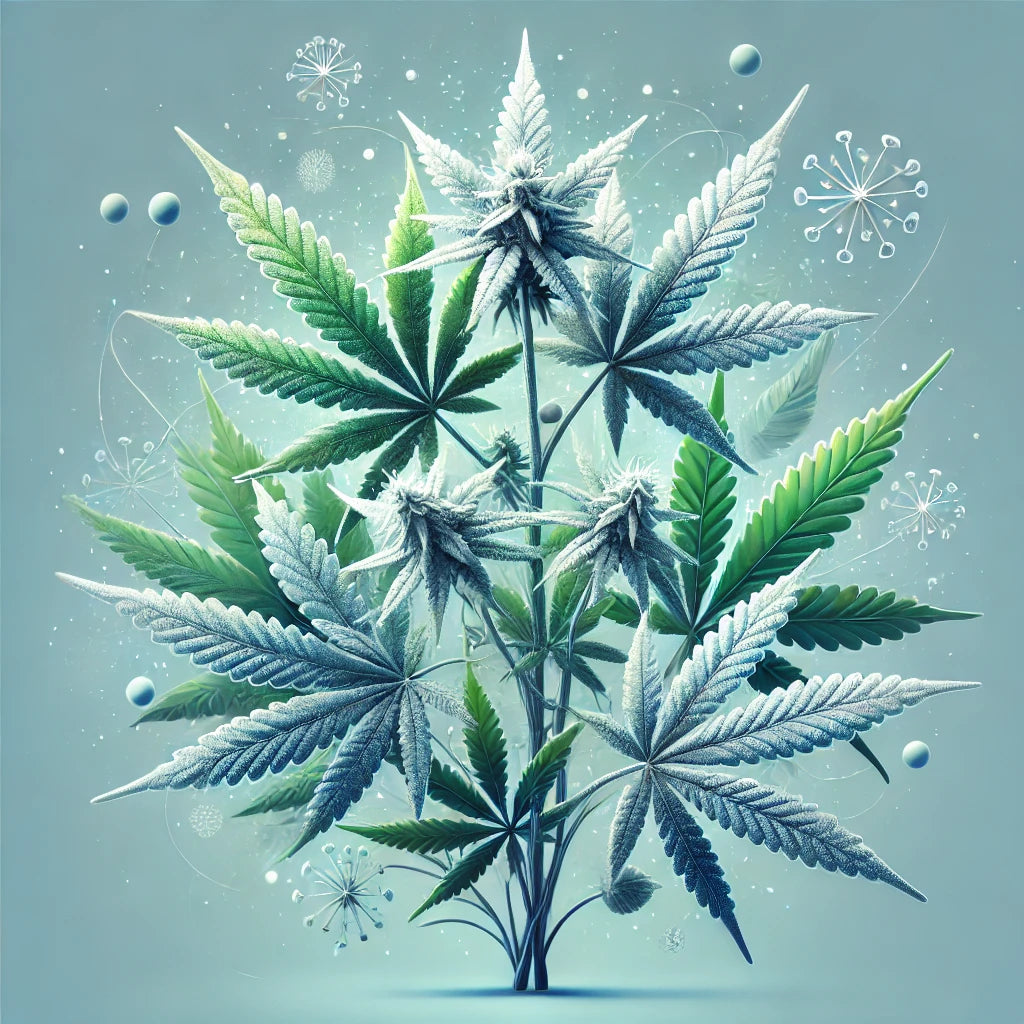 Minimalistische 2D-Darstellung von Cannabis-Pflanzen mit frosty Trichomen, die Qualität und Frische symbolisieren.