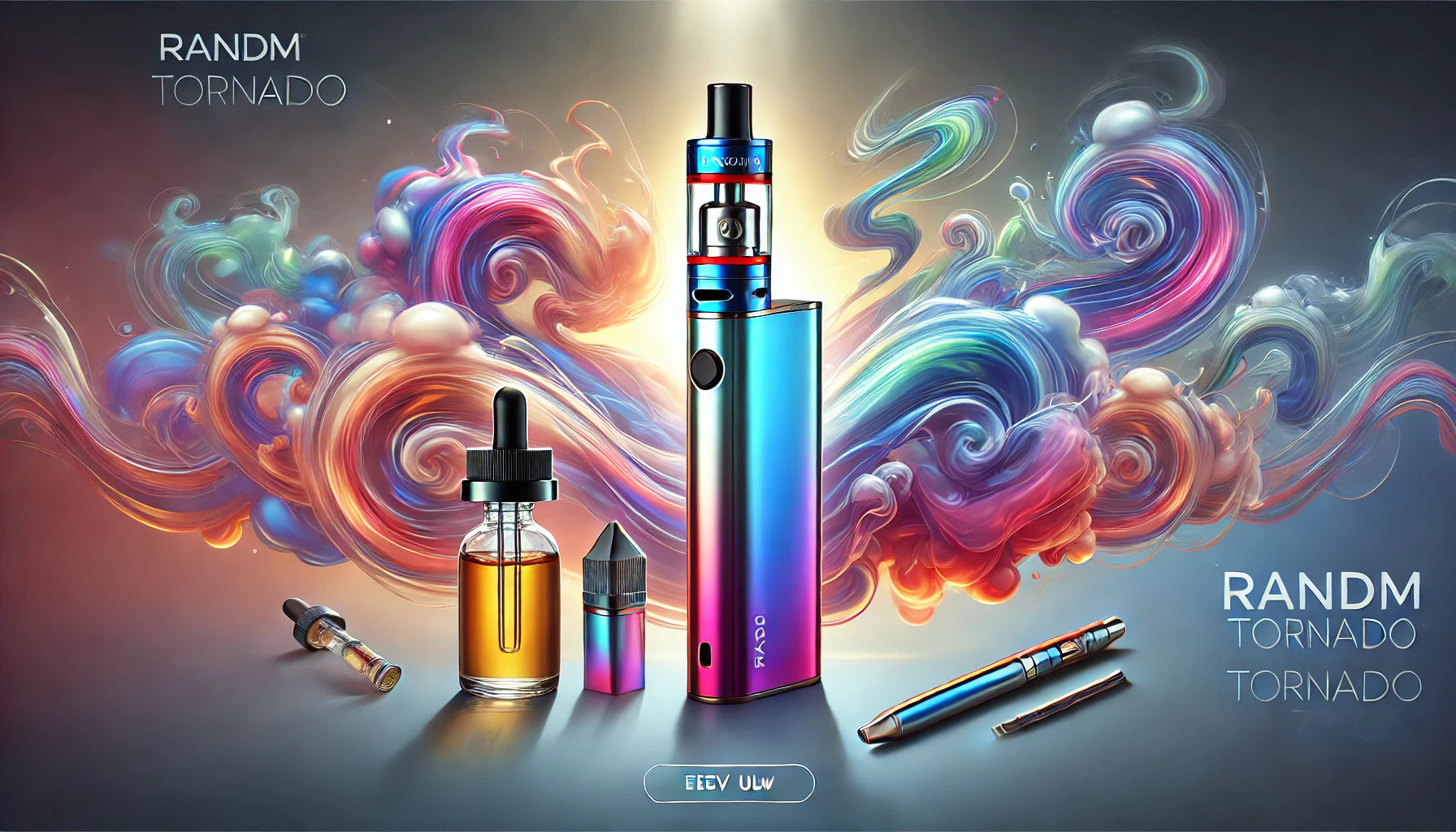 Sleek RandM Tornado 7000 Vape mit transparentem Tank, umgeben von bunten, abstrakten Rauchwirbeln und E-Liquid-Fläschchen in einem modernen, futuristischen Stil.