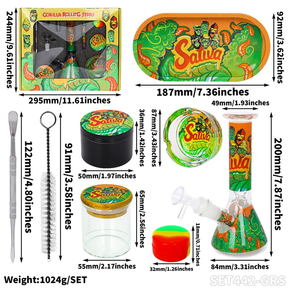 Verpackung des Sets mit Cannabis-Motiv und Zubehör im Sichtfenster